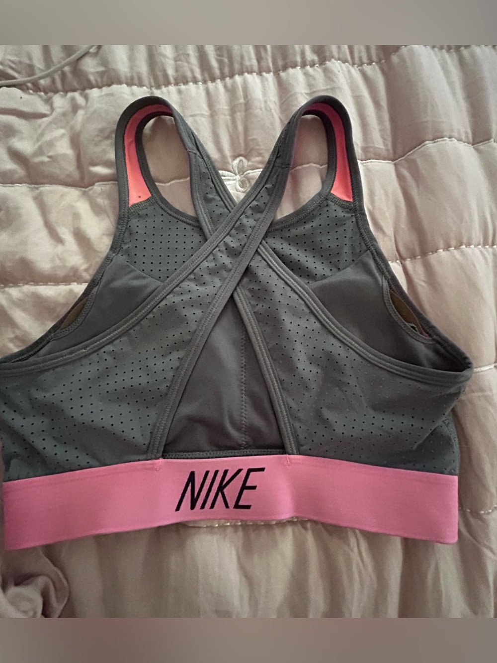 Nike Gray Sports Bra with Pink Elastic Band and Crisscross Back, S